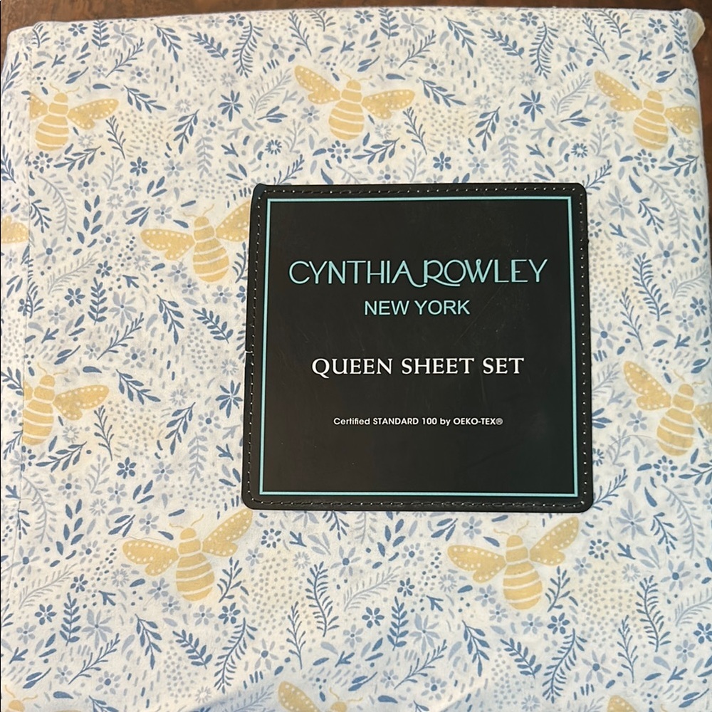 Cynthia Rowley Queen Sheet Set - Blue and Gold Bees